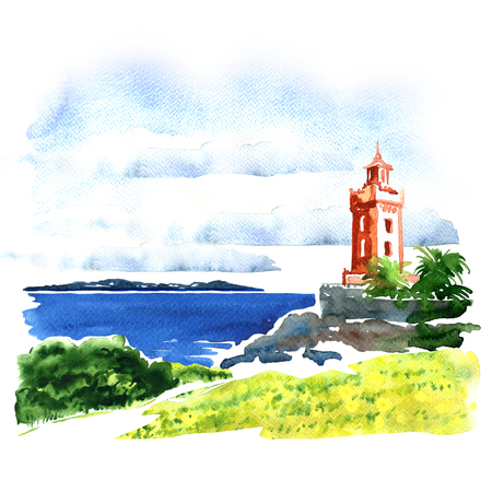 View of old building over sea, beautiful seascape, watercolor illustration on white backgroundの写真素材