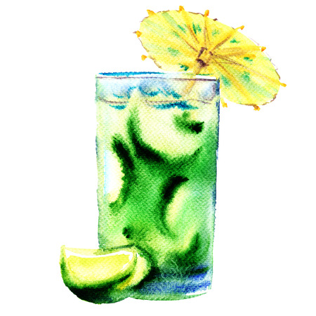 Green refreshing cold cocktail with lime in a glass, isolated, watercolor illustration on white backgroundの写真素材