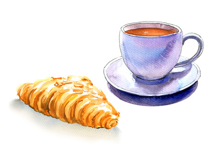 French breakfast, cup of coffee and croissant, isolated, watercolor illustration on white backgroundの写真素材