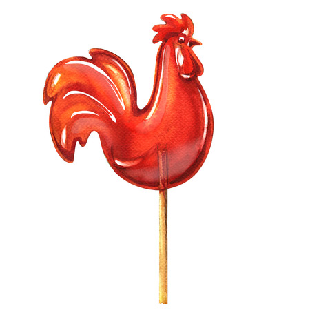 Red sweet cock, sugar cockerel, lollipop on stick, isolated, watercolor illustration on white backgroundの写真素材