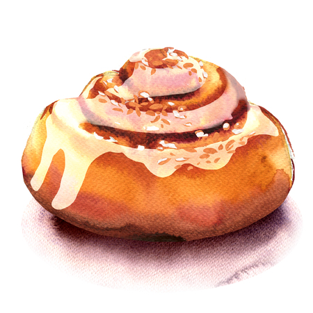 Fresh homemade cinnamon rolls, sweet bun, dessert isolated, watercolor illustration on whiteの写真素材