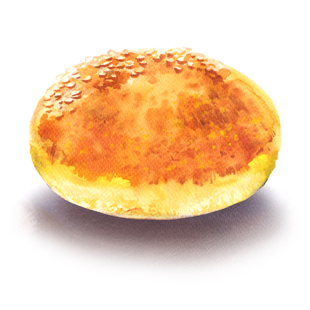 Fresh tasty whole hamburger bun with sesame seeds isolated, watercolor illustration on whiteの写真素材