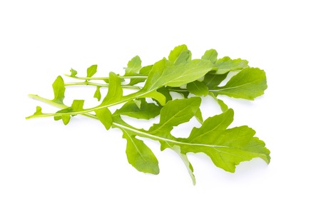 Fresh organic green rukkola, rucola or arugula, heap, salad leaves, isolated on white backgroundの写真素材