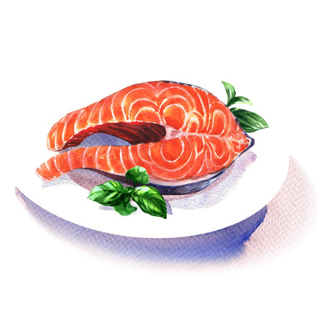 Salmon steak red fish with green basil on white plate, seafood, isolated, hand drawn watercolor illustration on whiteの写真素材