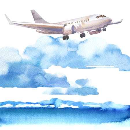 Passenger airplane in blue sky and cloud, flying jet, airliner landing over the sea, travel or vacation concept, hand drawn watercolor illustration on white backgroundの写真素材