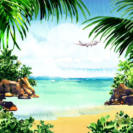 Beautiful paradise tropical island with tropical beach, ocean, sandy beach, palm trees, rocks, flying airplane on blue sky, summer time, vacation and travel concept, hand drawn watercolor illustrationの写真素材