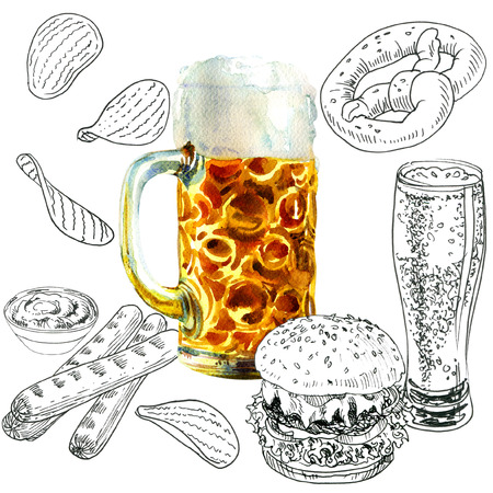 Mug of lager beer and snacks, octoberfest set, sketch style, design elements, hand drawn illustration on white backgroundの写真素材