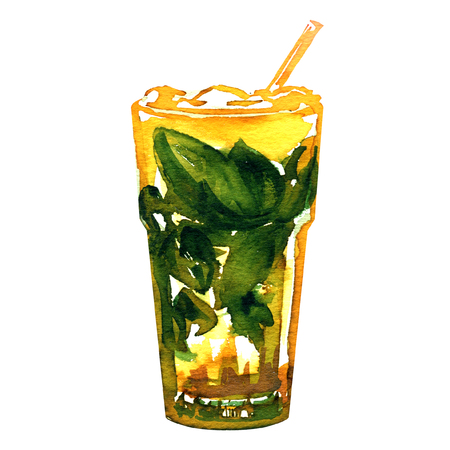 Fresh summer cold cocktail, homemade orange lemonade with mint and ice cubes in glass, mojito drink, isolated, hand drawn watercolor illustration on white backgroundの写真素材