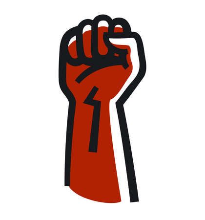 Clenched fist held in protest, hand popular protest, proletarian independence protest symbol, revolution concept, vector illustration on white backgroundのイラスト素材