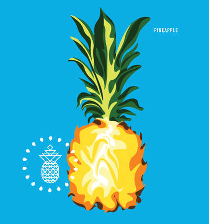 Half of ripe pineapple, closeup, cut in half exotic fruit isolated, food concept, vector illustration on color backgroundのイラスト素材