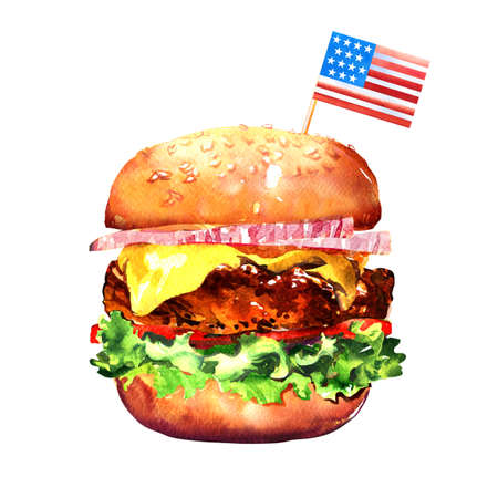 Tasty homemade beef hamburger with american flag, original american burger, 4th of July, fast food, hand drawn watercolor illustration on white backgroundの写真素材