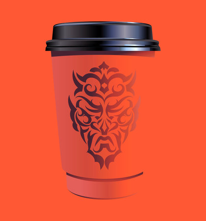 Red paper coffee thermo cup with graphic pattern, plastic container with black lid, take-out coffee, packaging template mockup, close-up, isolated, vector illustration on color backgroundのイラスト素材
