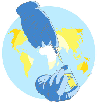 Hands in medical rubber glove with vaccine bottle and syringe, world map, injection preparation of drugs. Virus, healthcare, medicine, vaccination concept. Isolated vector illustration flat line styleのイラスト素材