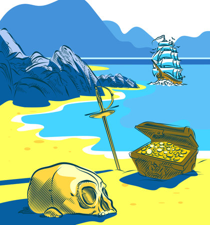 Pirate treasure on a tropical beach with skull, chest, sword laying on the shore and ship, vector illustrationのイラスト素材
