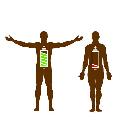 Human silhouette with battery icon, battery power with energy, business concept, isolated, vector illustration on white backgroundのイラスト素材