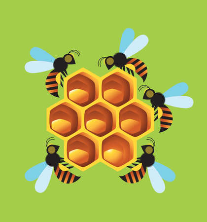 Sweet honeycombs with honey and bees around, vector illustration. Organic food, banner, logo, label design template, healthy vegetarian food concept, icon, graphic symbolのイラスト素材