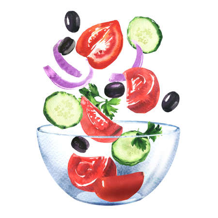 Fresh vegetables, sliced tomatoes, cucumber, onion, olives and parsley, ingredients for salad falling into bowl, vegetarian food, isolated, hand drawn watercolor illustration on white backgroundの写真素材