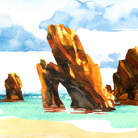 Amazing sea view with beach, rocks against blue sky with fluffy clouds, ocean scenic landscape, travel or vacation and resort concept, hand drawn watercolor illustrationの写真素材