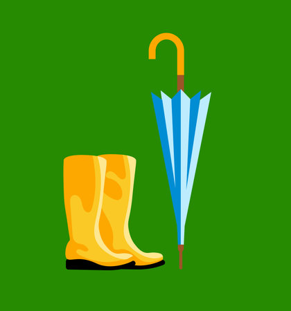 A pair of yellow rain rubber boots and blue umbrella, weather season symbol, vector illustration on greenのイラスト素材