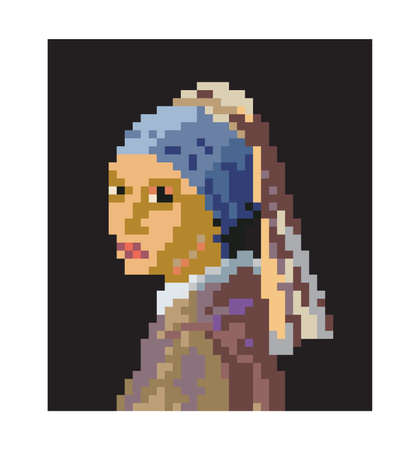 Pixel Art Girl with a pearl earring. Portrait of woman. Creative redrawing artwork, crypto art, modern digital pixelated canvas. Worlds Most Famous Painting. Vector illustration on blackのイラスト素材