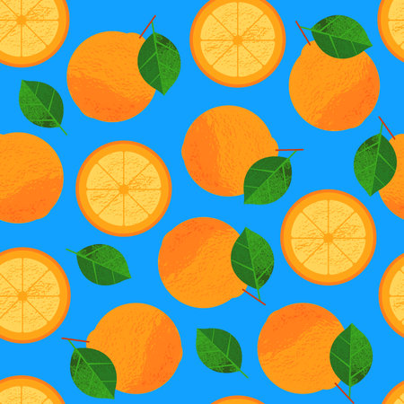 Fresh orange with leaves, seamless pattern. Whole ripe orange with slice and green leaf, juicy...