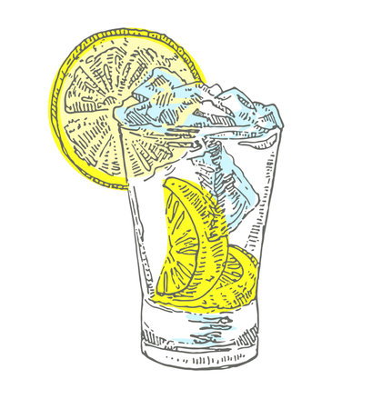 Glass of beverage with lemon slices, cold refreshing drink, isolated, close-up, vector illustration on whiteのイラスト素材