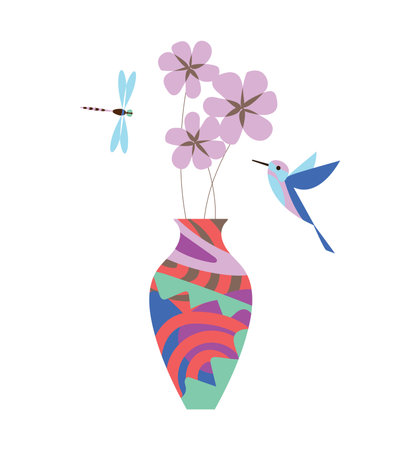 Vector illustration: Vase with flowers, hummingbirds, and dragonflies. Perfect for nature-themed designs. Use for websites, greeting cards, invitations, postersのイラスト素材