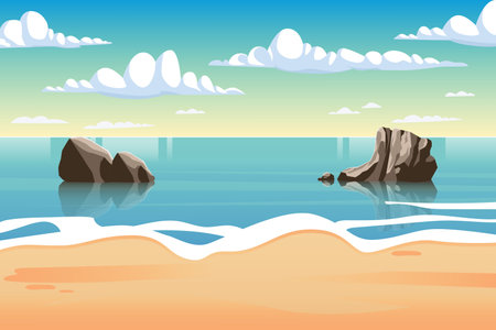 Beach coastline sea ocean scenery at day light with sun and clouds background vector illustrationのイラスト素材