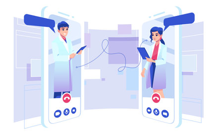 Man and woman scientist having a discussion with video call. Online meeting and work from home concept illustration