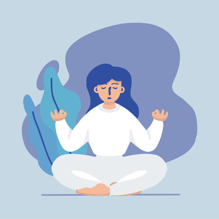 Woman meditating and practicing yoga concept. The girl sits in the lotus position. the thought process and the search of idea. Vector illustrationのイラスト素材
