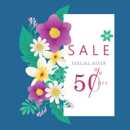 Spring summer sale banner with flowers on a dark blue background. Banner perfect for promotions, magazines, advertising, web sites. EPS 10 V1.のイラスト素材
