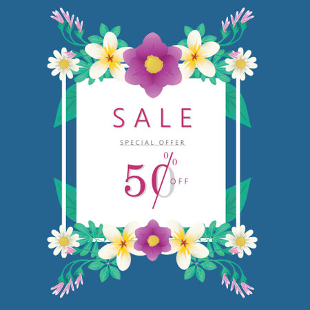 Spring summer sale banner with flowers on a dark blue background. Banner perfect for promotions, magazines, advertising, web sites. EPS 10 V1.のイラスト素材