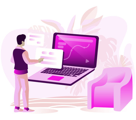 Data analysis design concept. Analysts working on a laptop screen with data analysis graphs and charts. Isolated vector illustrationのイラスト素材