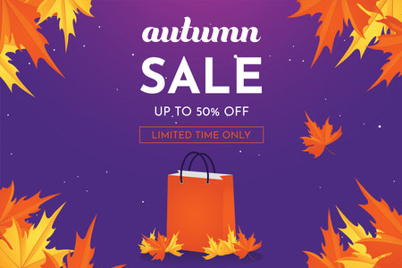 Autumn sale discount offer with maple leaves, banner and background vector illustrationのイラスト素材