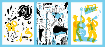 Jazz music festival cover poster concept. Man play instrument background vector illustration.のイラスト素材