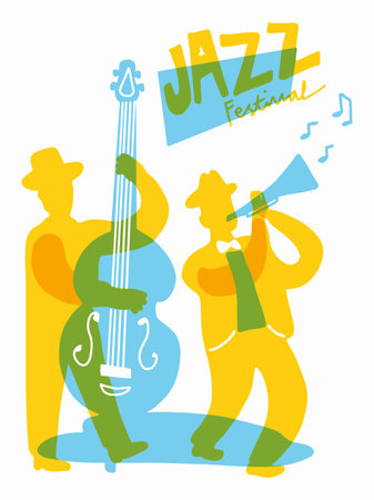Jazz music festival cover poster concept. Man play instrument background vector illustration.のイラスト素材