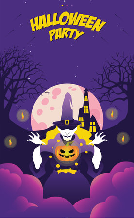 Halloween night event party with witch and pumpkin invitation. poster, background and banner design template.のイラスト素材