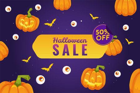 Halloween Pumpkin sale 50 percent off discount concept. Banner and background vector illustrationのイラスト素材