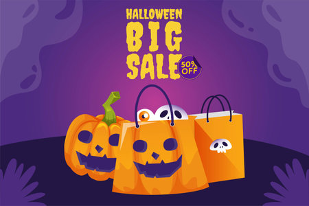 Halloween Pumpkin sale 50 percent off discount concept. Banner and background vector illustrationのイラスト素材