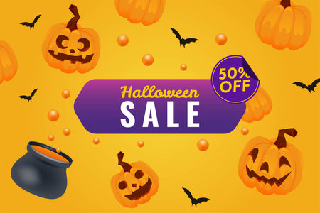 Halloween Pumpkin sale 50 percent off discount concept. Banner and background vector illustrationのイラスト素材