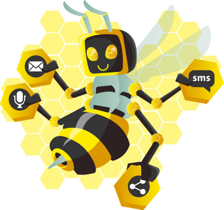 Yellow Bee Robot Holding Message, Share, SMS, and Mic Iconのイラスト素材