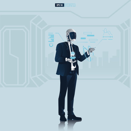Futuristic humanoid business people with Artificial Intelligence technology concept.  Robot office workers is reading the data vector illustrationのイラスト素材