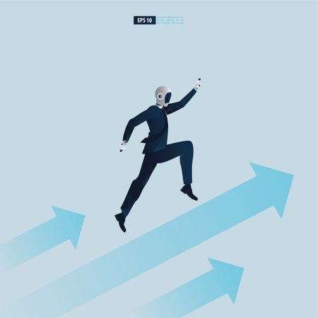 Futuristic humanoid business people with Artificial Intelligence technology concept. Business arrow concept with robot on arrow flying to success vector illustrationのイラスト素材