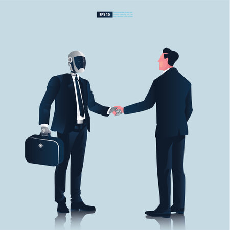 Futuristic humanoid business people with Artificial Intelligence technology concept. Businessman and robot hand shake negotiation vector illustrationのイラスト素材