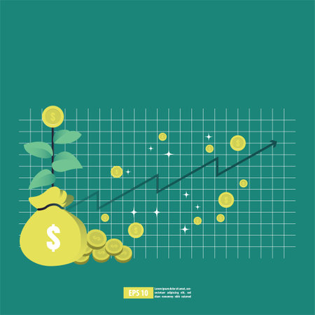 Return on investment concept, ROI chart and graph, Business, profit, and success. Growing money tree, Gold coins on branches. Symbol of wealth. Flat style background vector illustrationのイラスト素材