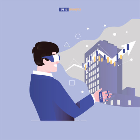 Augmented reality and virtual reality concept template vector illustration. Business arrow of Return on investment ROI and growth chart up.のイラスト素材