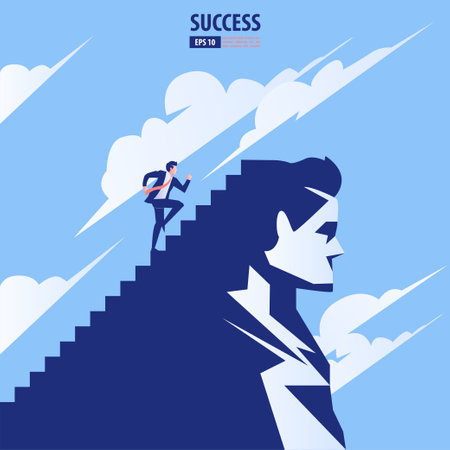 Business startup concept. Businessman running the stairs up to be success, self challenge, and personal growth. vectorのイラスト素材