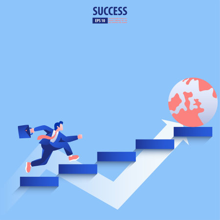 Businessman climbs the stair to achieve world success concept. Vector illustrationのイラスト素材