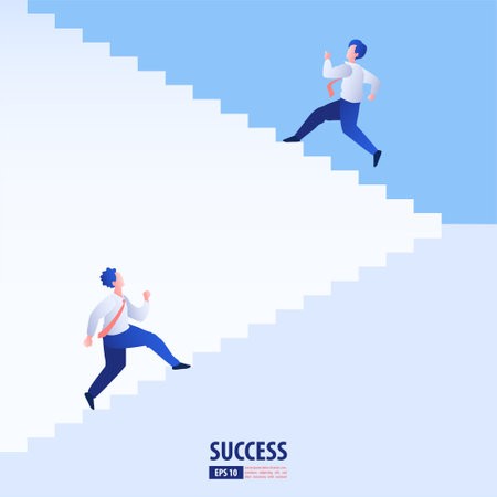 Business startup concept. Businessman running the stairs up to be success. vector illustrationのイラスト素材
