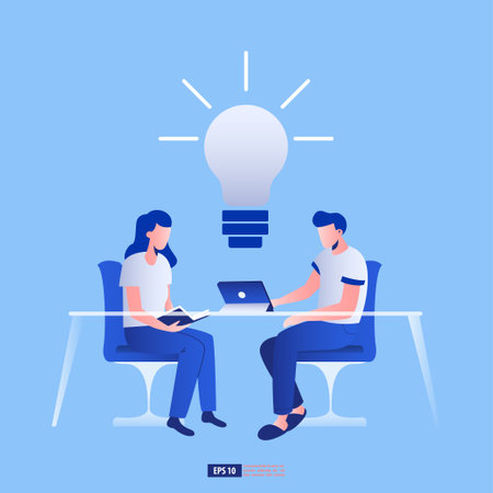 Teamwork and development concept. Woman and man brainstorming to get ideas. Vector illustrationのイラスト素材